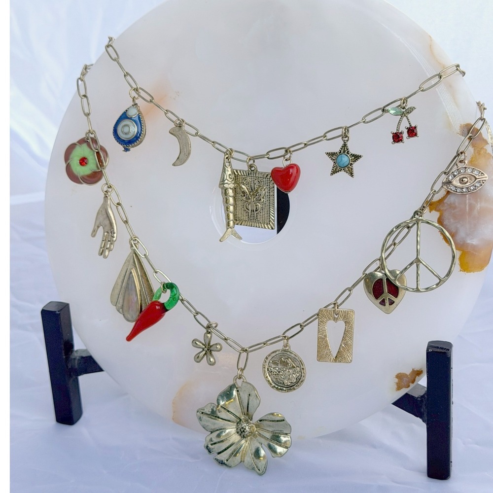 FREE PEOPLE Maximilian Gold Tone Charm Necklace Red Chili Flower Peace Heart